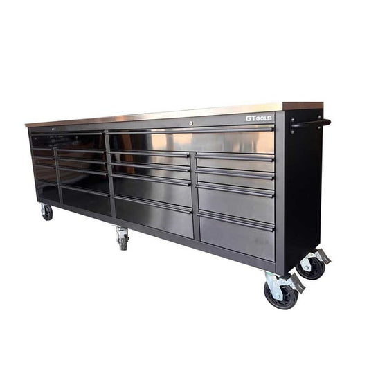 96 Inch Black Tinted Stainless Steel Tool Chest & Workbench 18 Drawer Trolley