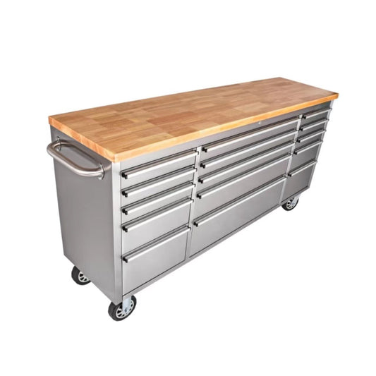 GTools 72-inch Stainless Steel Tool Chest With Wood Top Drawer Cabinets Storage Tool Box