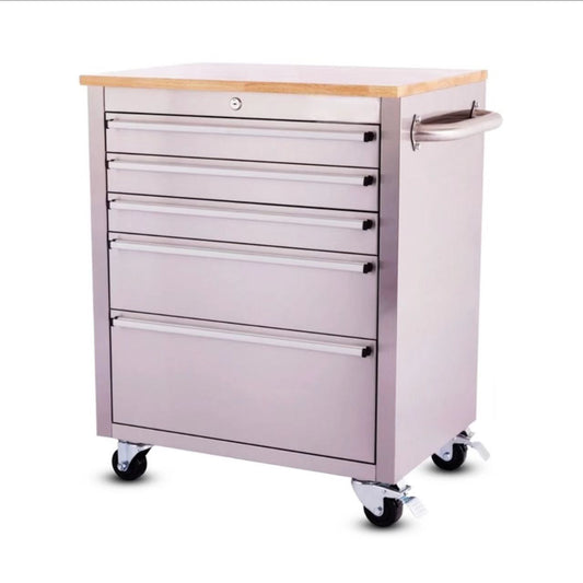 GTools  26 Inch Stainless Steel 5 Drawer Roller Tool Cabinet With Wood Top